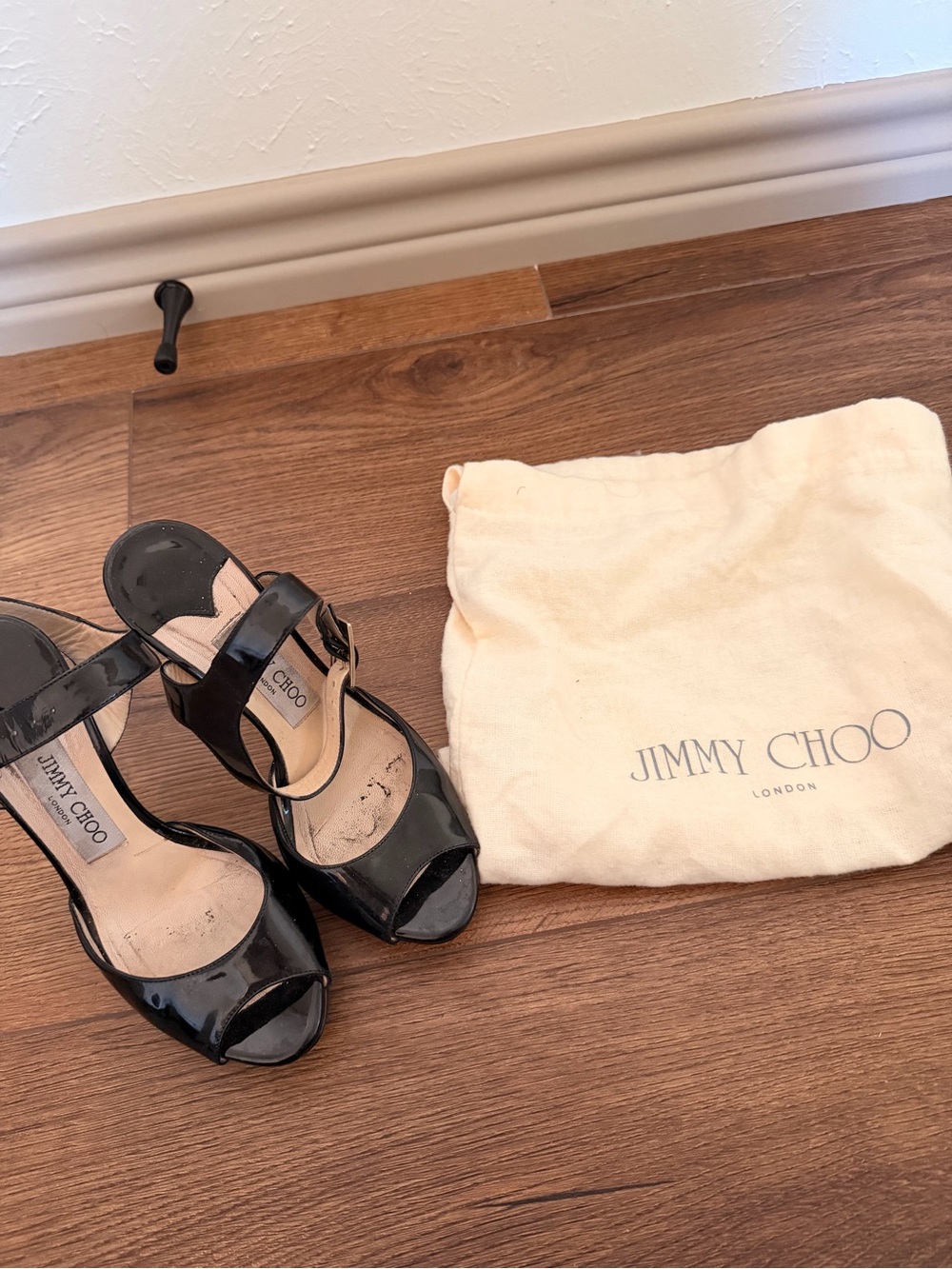 Jimmy Choo Black Patent Peep-Toe Slingback Heels